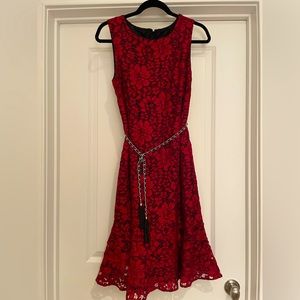 🔥Karl Lagerfeld Lace Eyelet Sleeveless Belted Flounce Dress.